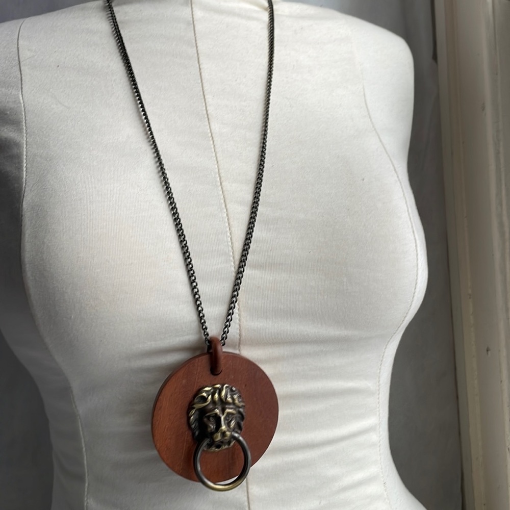 Vintage door knocker pendant mahogany wood necklace